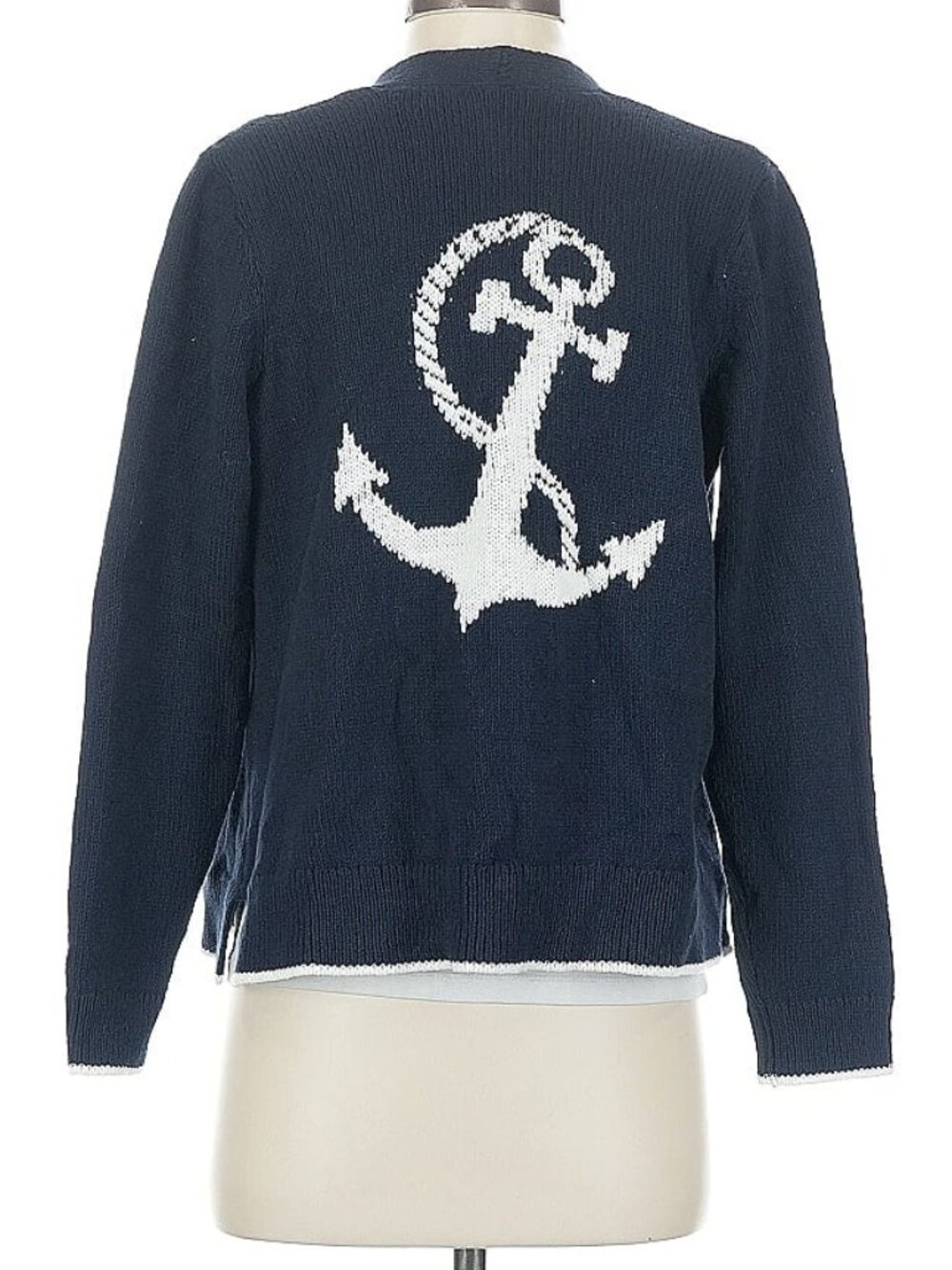 J Jill Petite Anchor Cardigan Sweater Women's Small Cotton Nautical Navy Blue - Picture 2 of 7